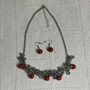 Silver Toned and Burnt Orange Necklace and Pierced Earrings